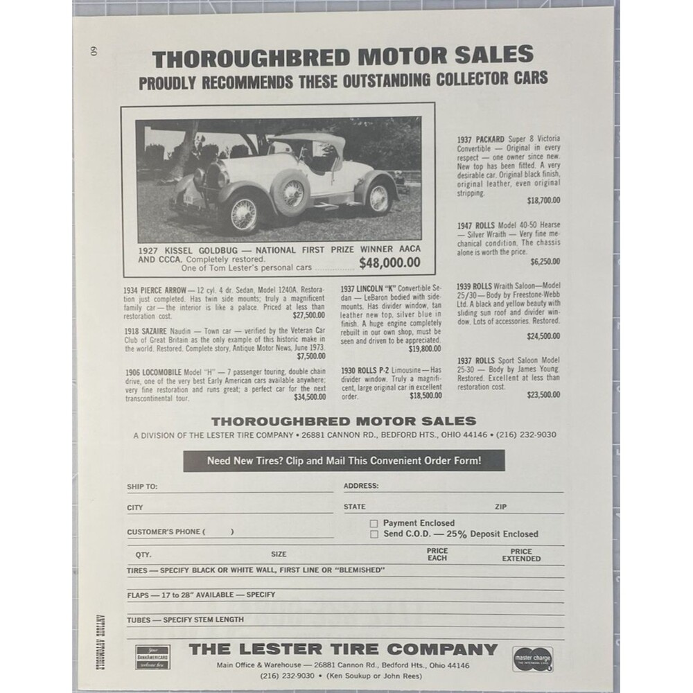 The Lester Tire Co. "Thoroughbred Motor Sales Division" Vintage Print Ad 1974